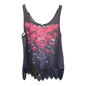 Women’s Black Tank Top with Pink Rose Heart Graphic and Crochet Hem